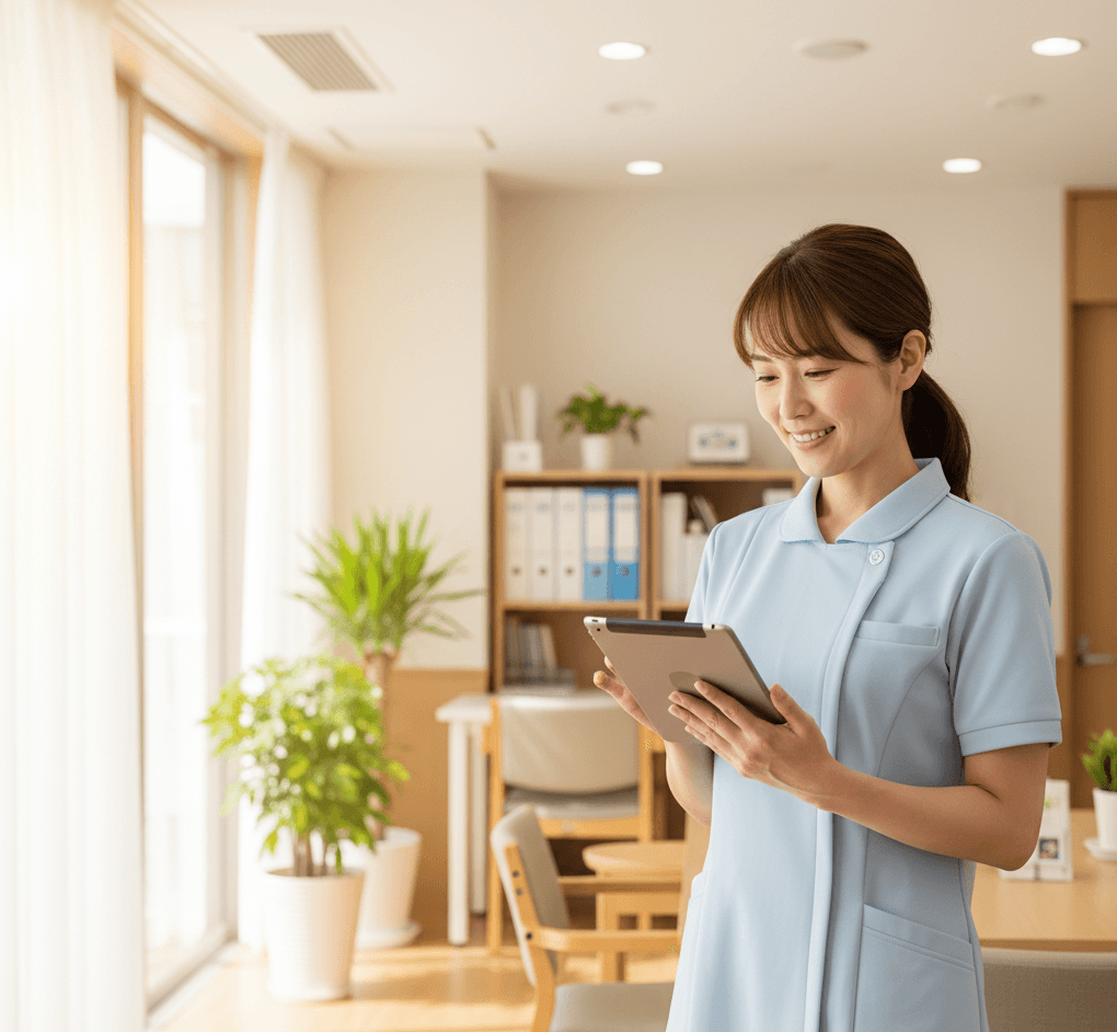 訪問介護の記録をタブレットで確認するイメージ