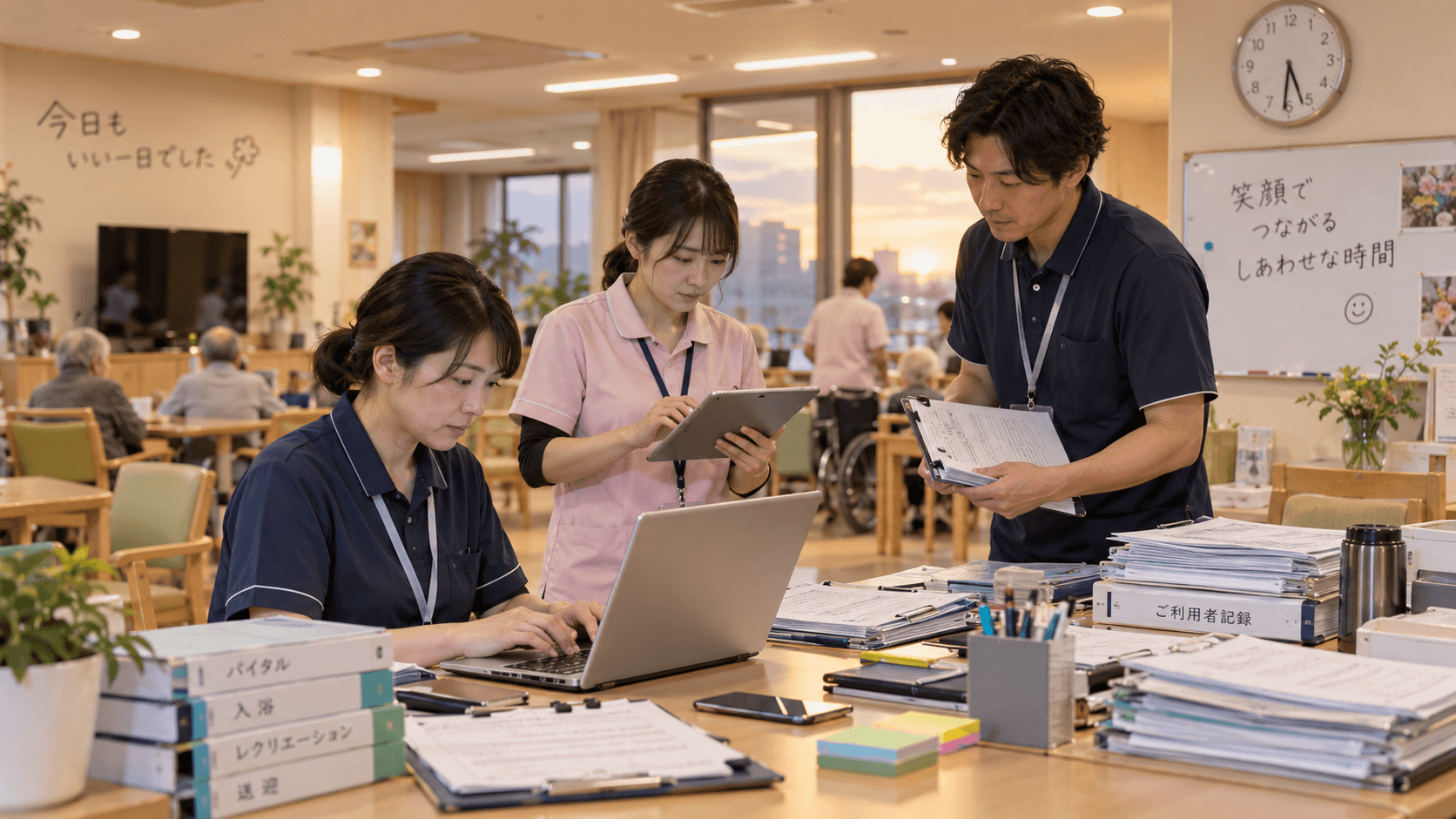 夕方、バイタル・入浴・レクリエーションなど複数の記録ファイルに囲まれて記録をまとめる複数のデイサービススタッフのイメージ